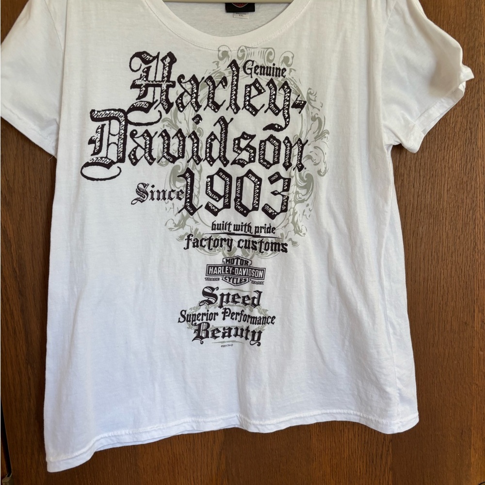 Harley-Davidson women’s White Tee with Black Print and bling